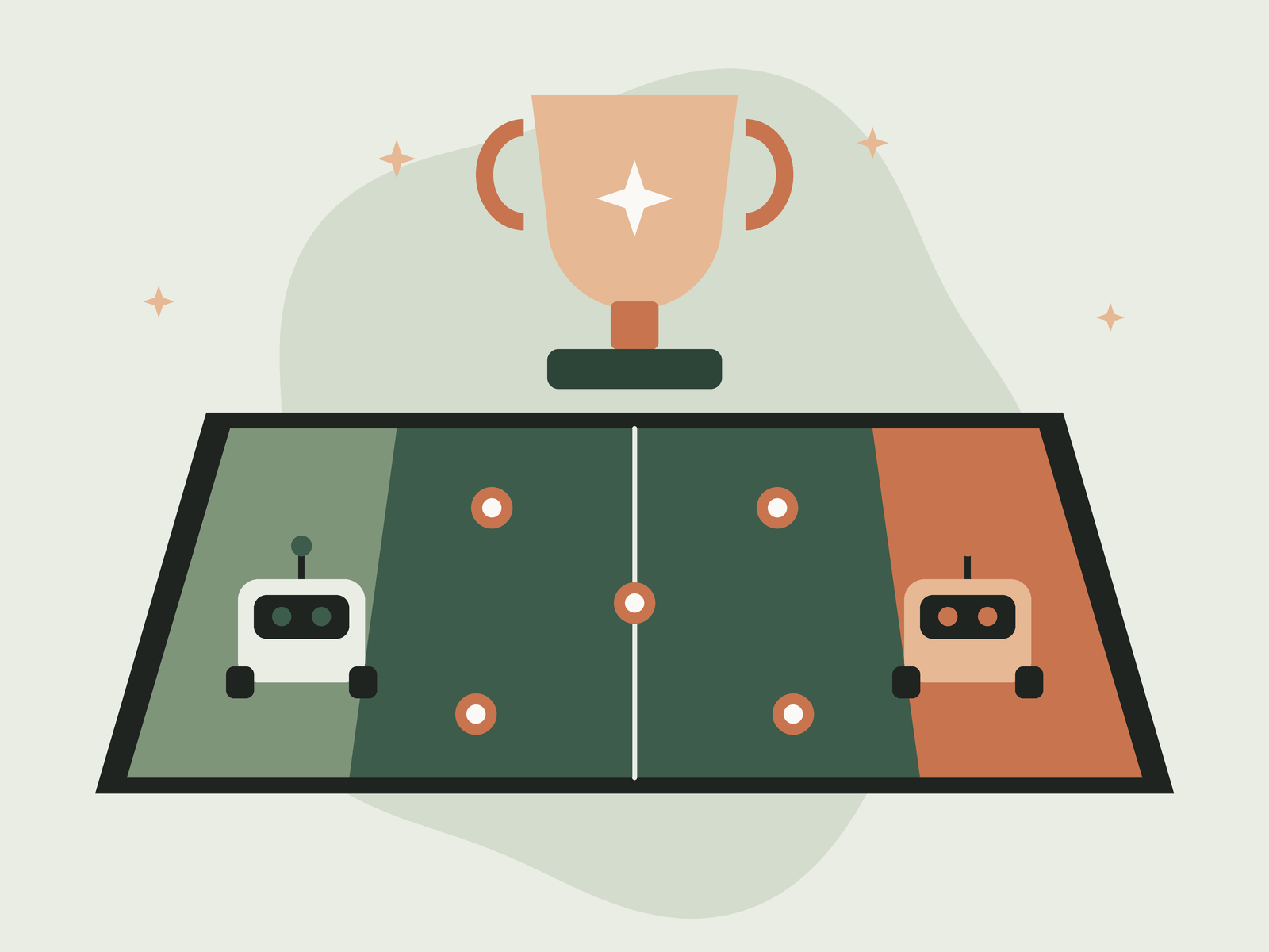 Illustration : table de compétition de robotique avec deux robots et un trophée