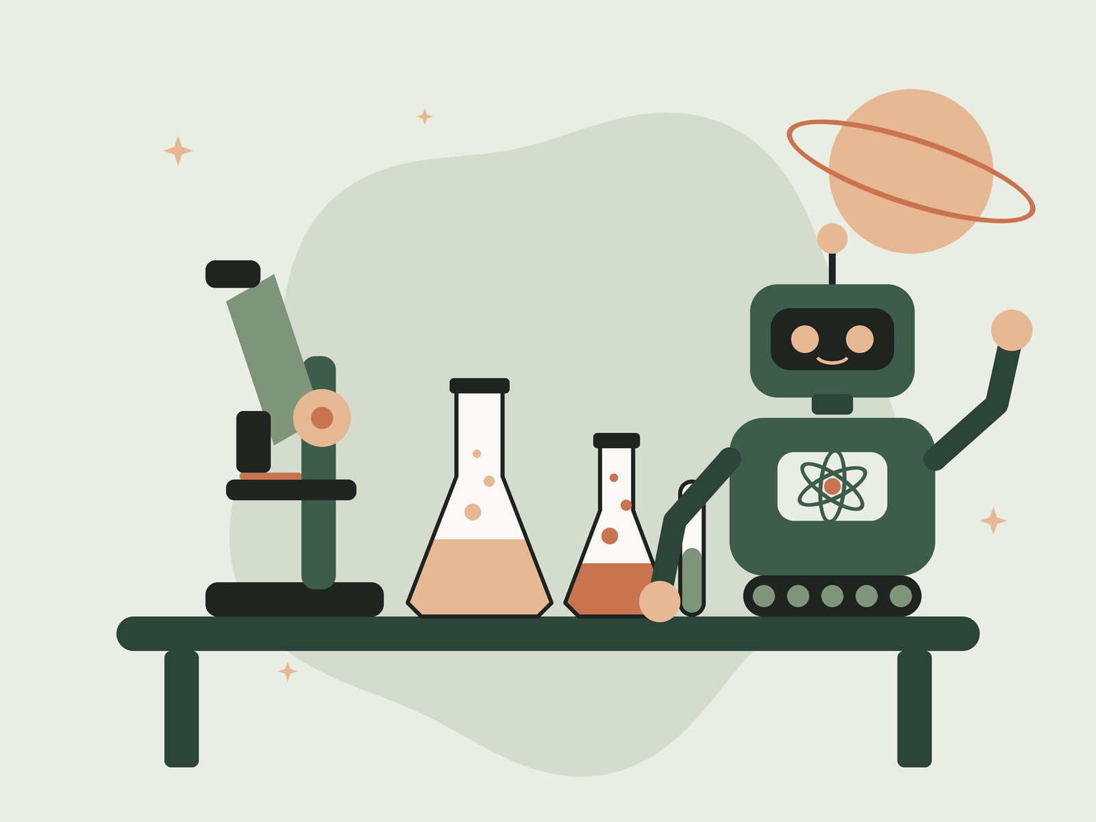 Illustration : paillasse de laboratoire avec microscope, fioles et un robot souriant